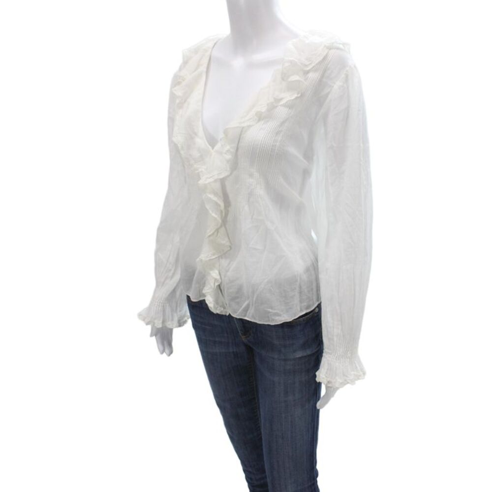 Doen Women White Organic Cotton V Neck Long Sleeve Blouse Button Size XL - Picture 3 of 7